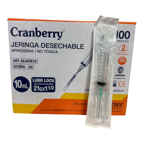 Jeringa Desechable Luer Lock Cranberry 10 ml 21G x 1 1/2 - C/100 Uni Trasnparente