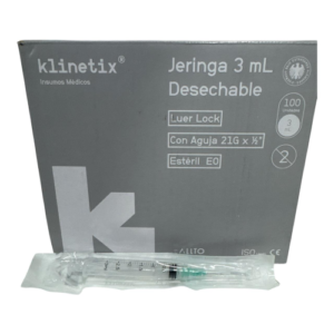 Jeringa Desechable Luer Lock con Aguja — caja de 100 uni — Klinetix (3 ml - 21Gx 1/2")